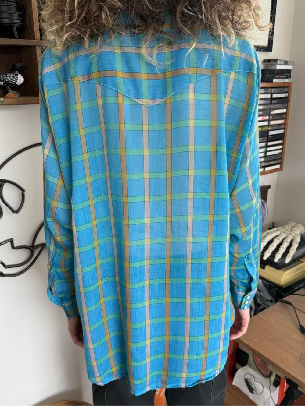 💀 SOLD 💀 Vintage 60s 70s Blue Plaid Pearl Snap Western Ely Plains ~ Size XL - Picture 5 of 8